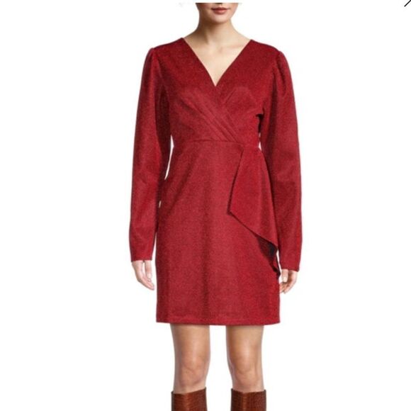 LEA & VIOLA Shimmer Overlay Dress Red MEDIUM - Picture 1 of 16